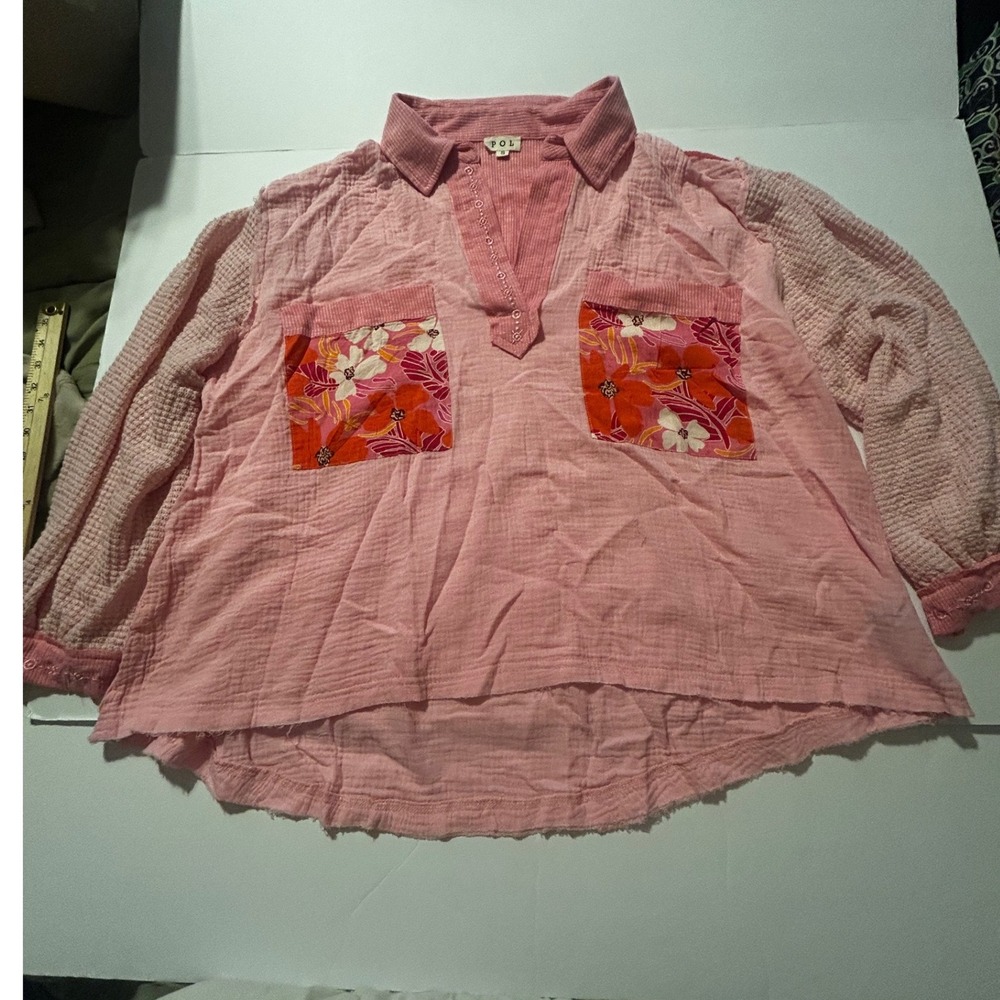 POL Pink Mixed Media Gauze Waffle Knit Floral Pocket Top YKT1455 Small